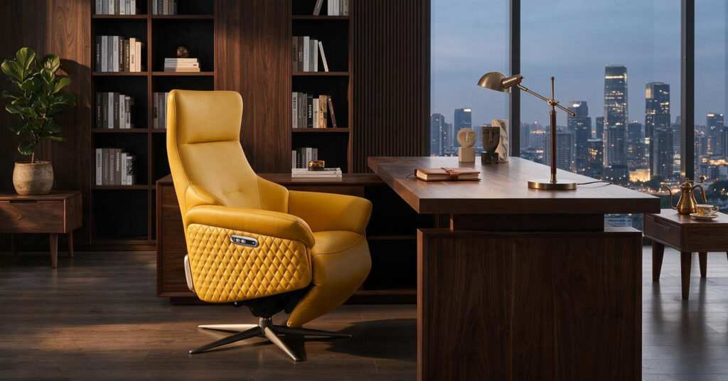 Modern home office power recliner in a bright, minimalist workspace with a standing desk and monitor