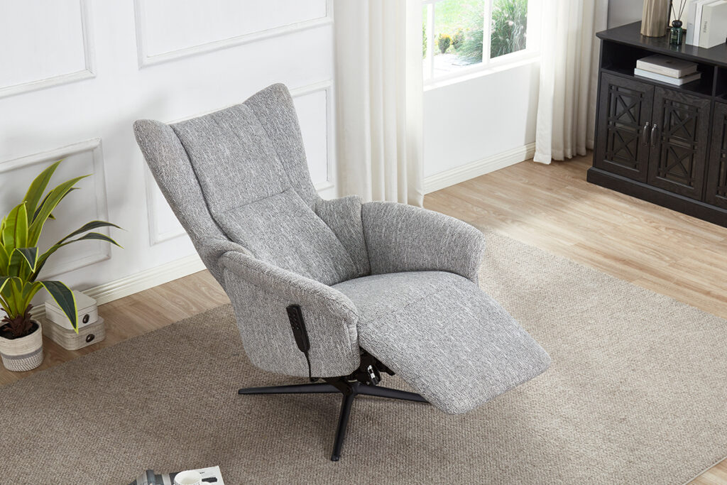 Grey leather electric chair for the elderly in a zero-gravity position for pain relief