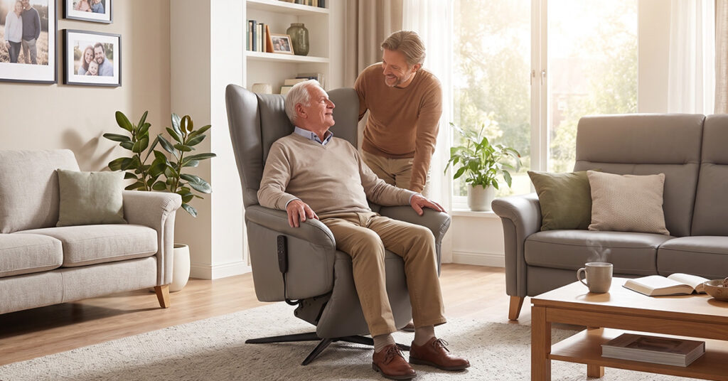 Caregiver providing peace of mind with an electric chair for the elderly